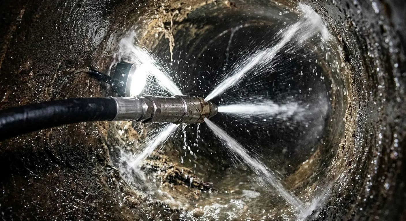 High-pressure hydro jetting nozzle cleaning sewer pipe for Emergency Drain Service in Smiths Station