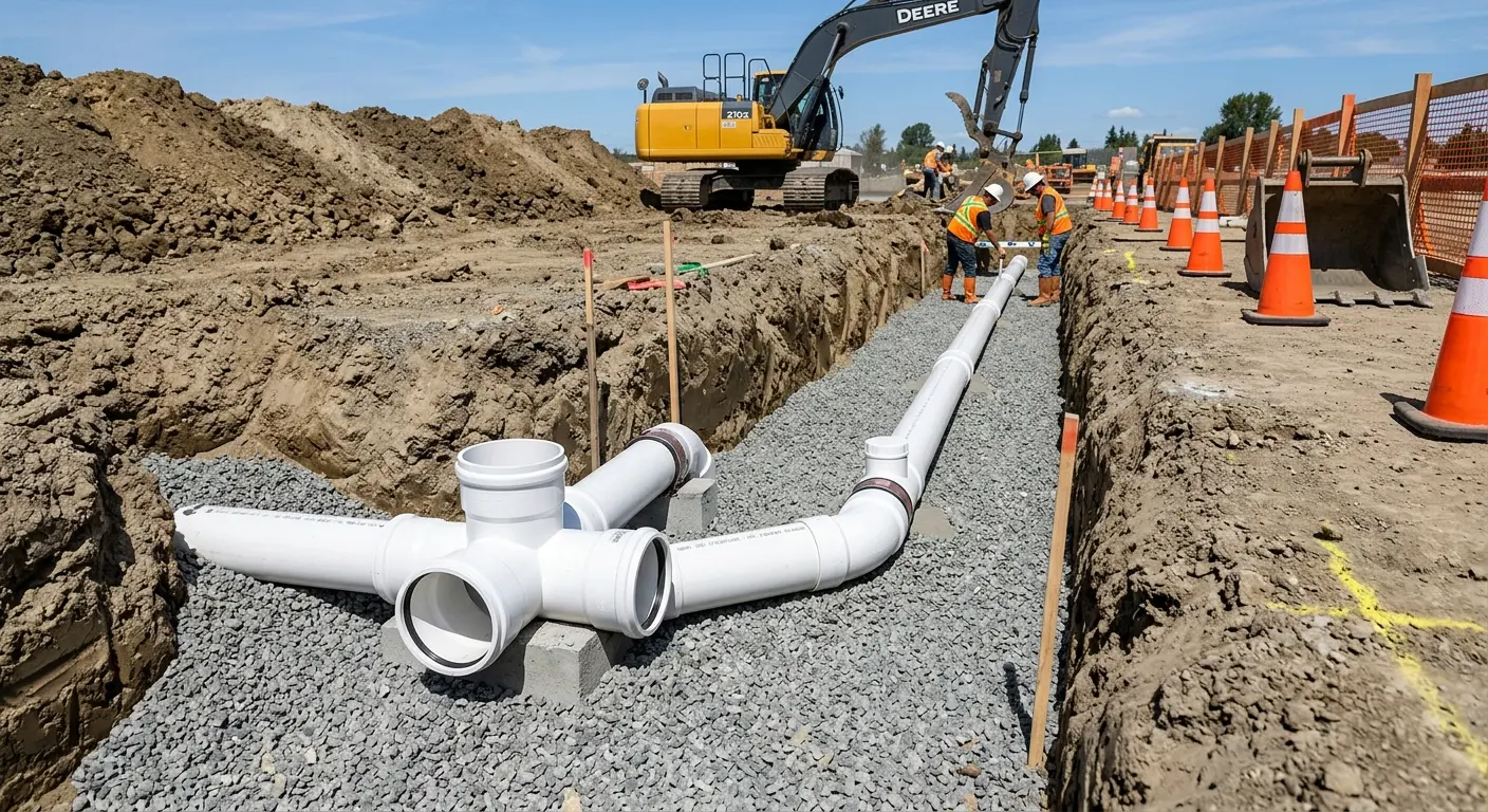 New PVC sewer pipe installation in open trench for Sewer Backup in Smiths Station