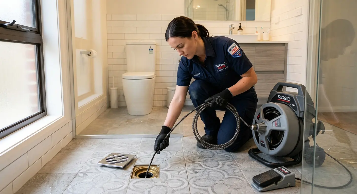 Technician clearing a bathroom floor drain for Sewer Line Replacement in Smiths Station